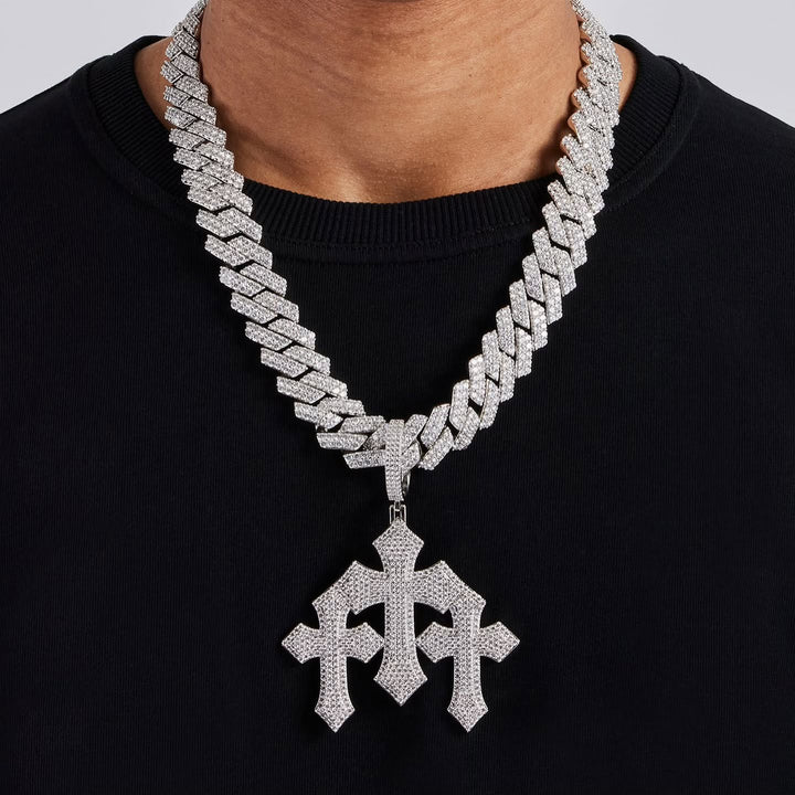 Triple Cross Iced Out Diamond Pendant Necklace