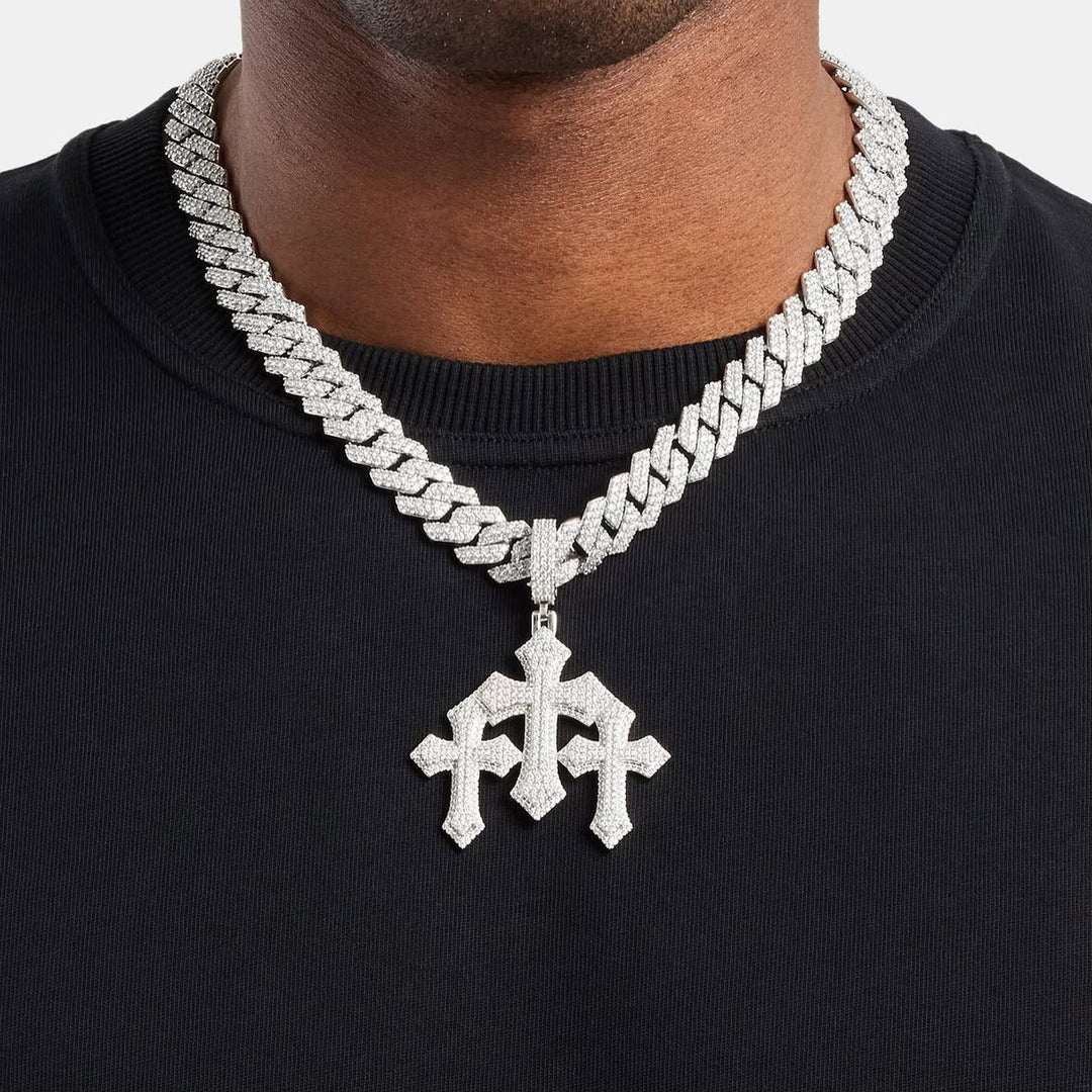 Triple Cross Iced Out Diamond Pendant Necklace