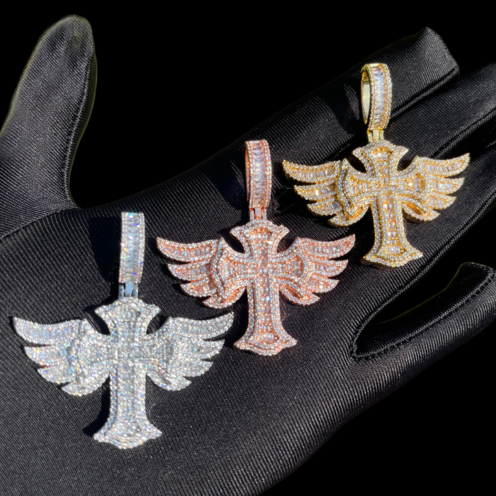 Cross Angel Wing Baguette Iced Out Diamond Pendant Necklace