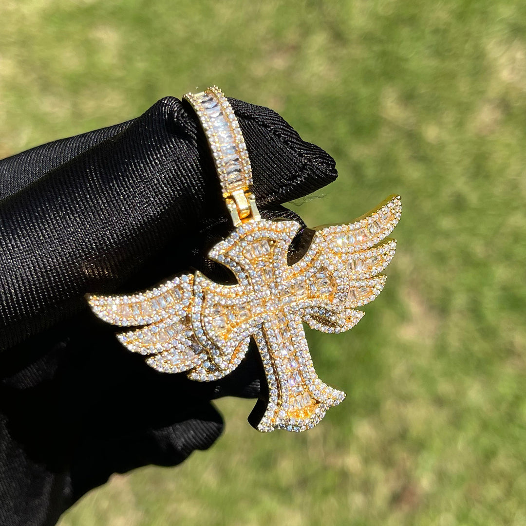 Cross Angel Wing Baguette Iced Out Diamond Pendant Necklace