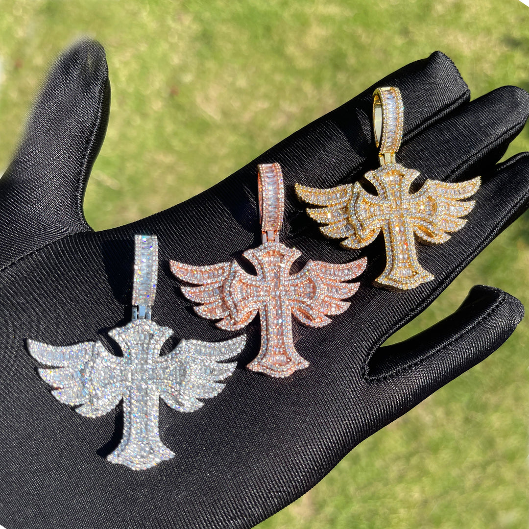 NEW | Cross Angle Wing Iced Out Diamond Pendant Necklace