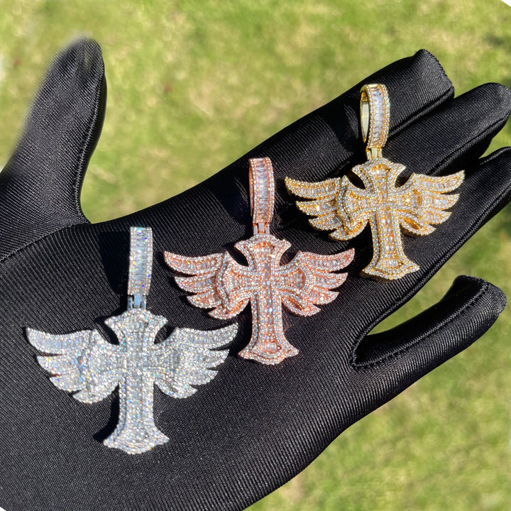 NEW | Cross Angle Wing Iced Out Diamond Pendant Necklace