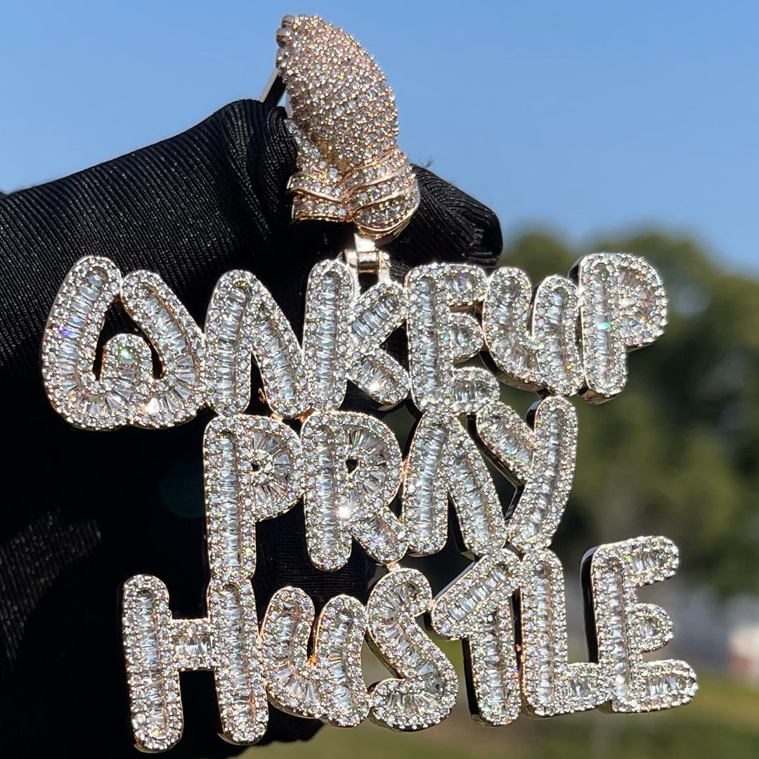 NEW | Wake Up Pray Hustle Iced Out Diamond Pendant Necklace