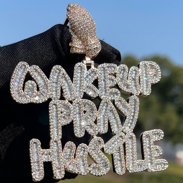 Wake Up Pray Hustle Iced Out Diamond Pendant Necklace