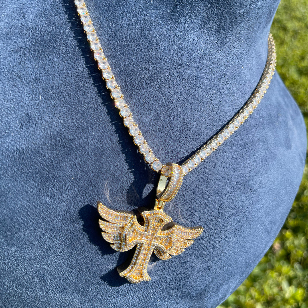 Cross Angel Wing Baguette Iced Out Diamond Pendant Necklace