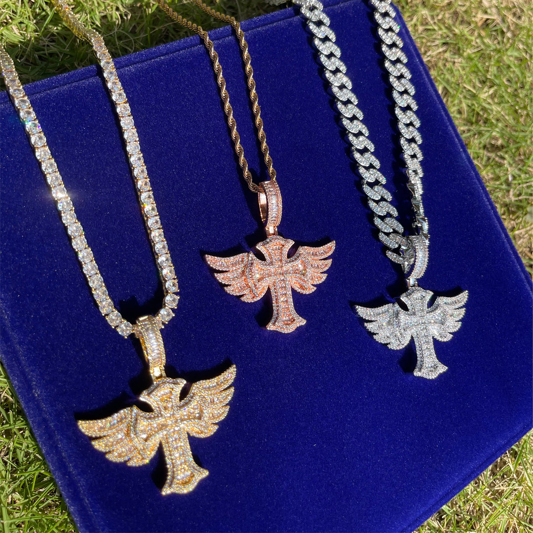 Cross Angel Wing Baguette Iced Out Diamond Pendant Necklace