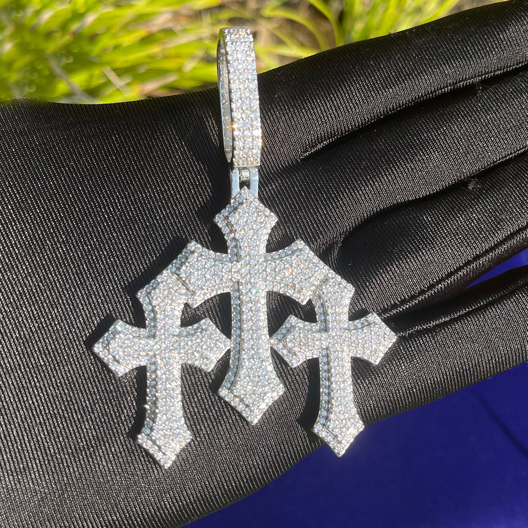 Triple Cross Iced Out Diamond Pendant Necklace