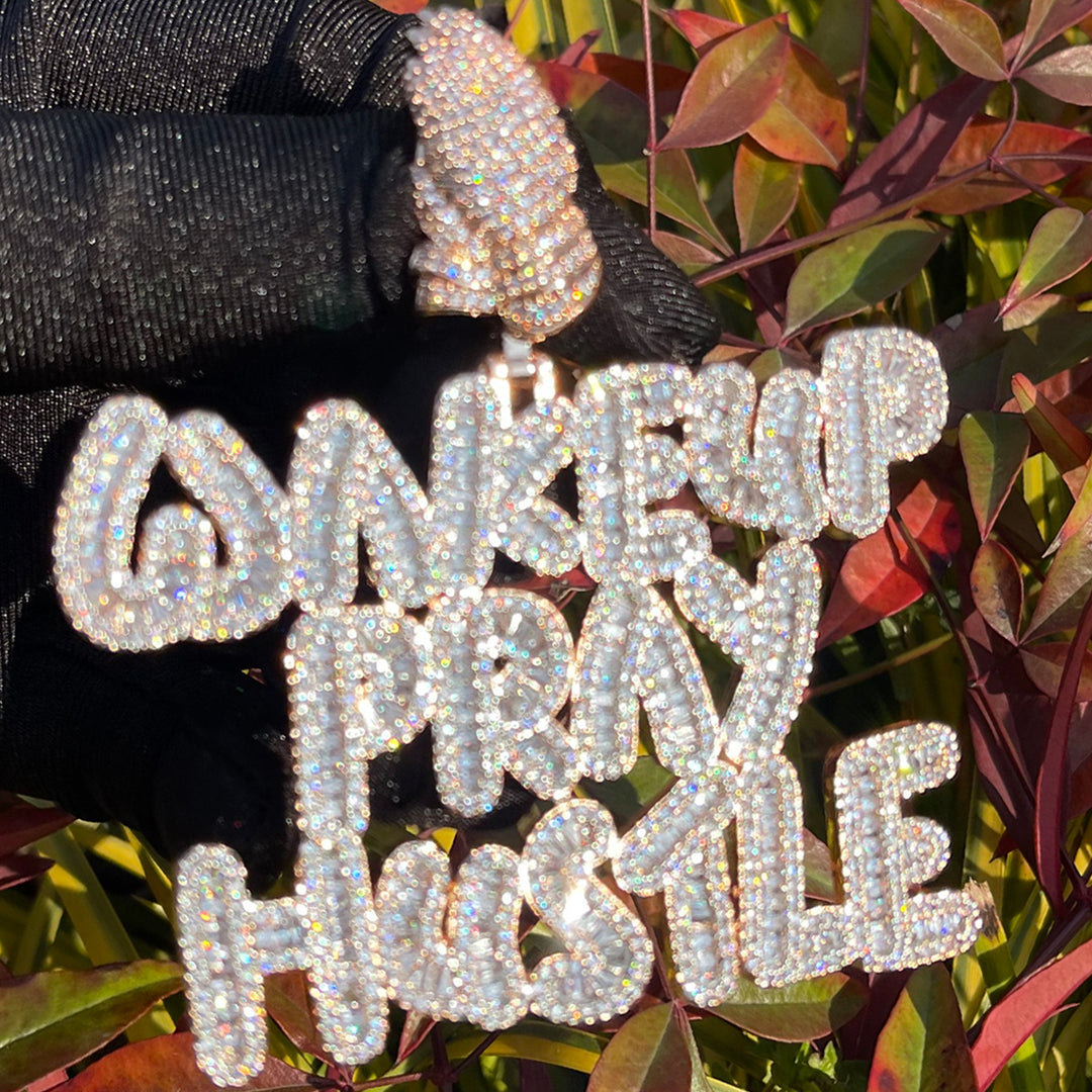 Wake Up Pray Hustle Iced Out Diamond Pendant Necklace