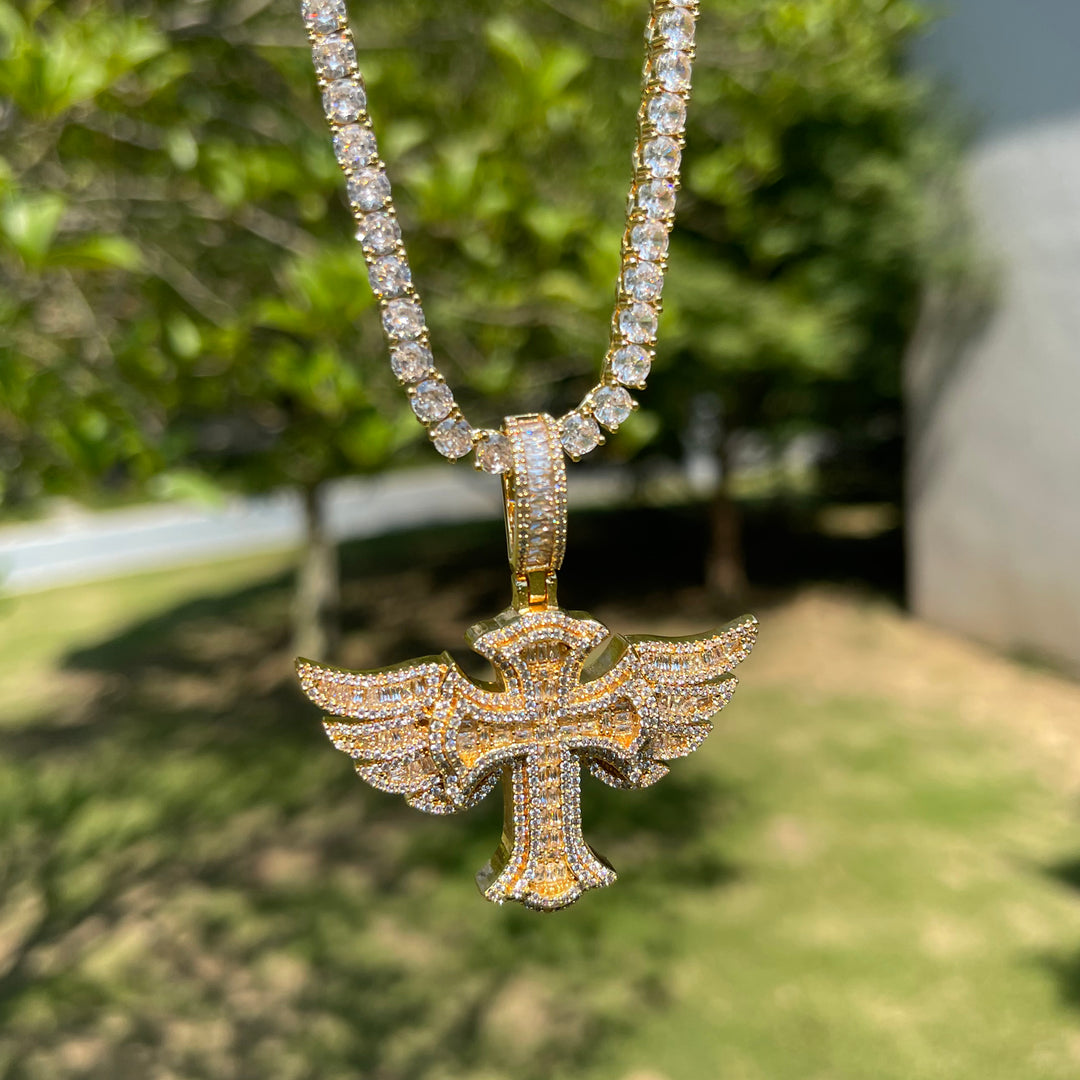 Cross Angel Wing Baguette Iced Out Diamond Pendant Necklace