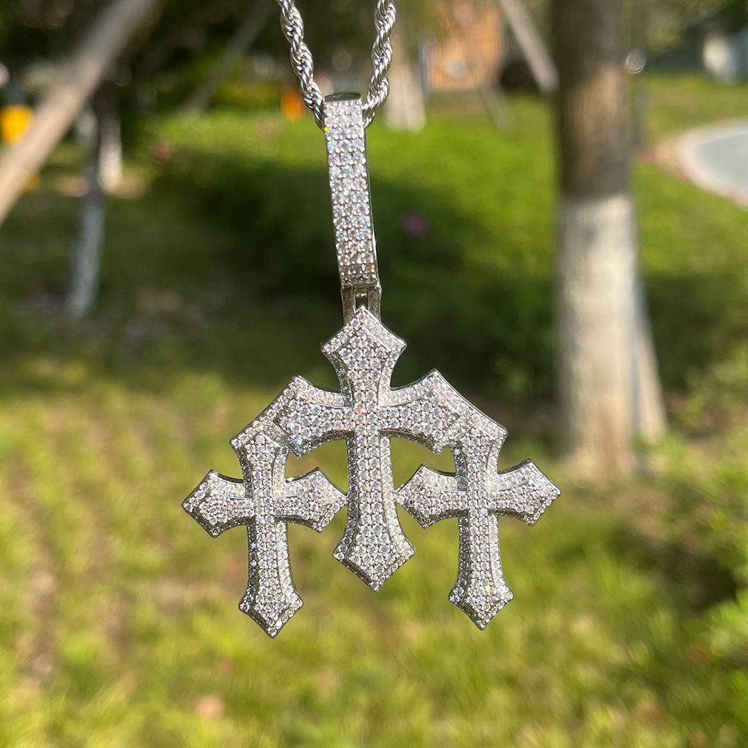 NEW | Triple Cross Iced Out Letter Diamond Pendant Necklace