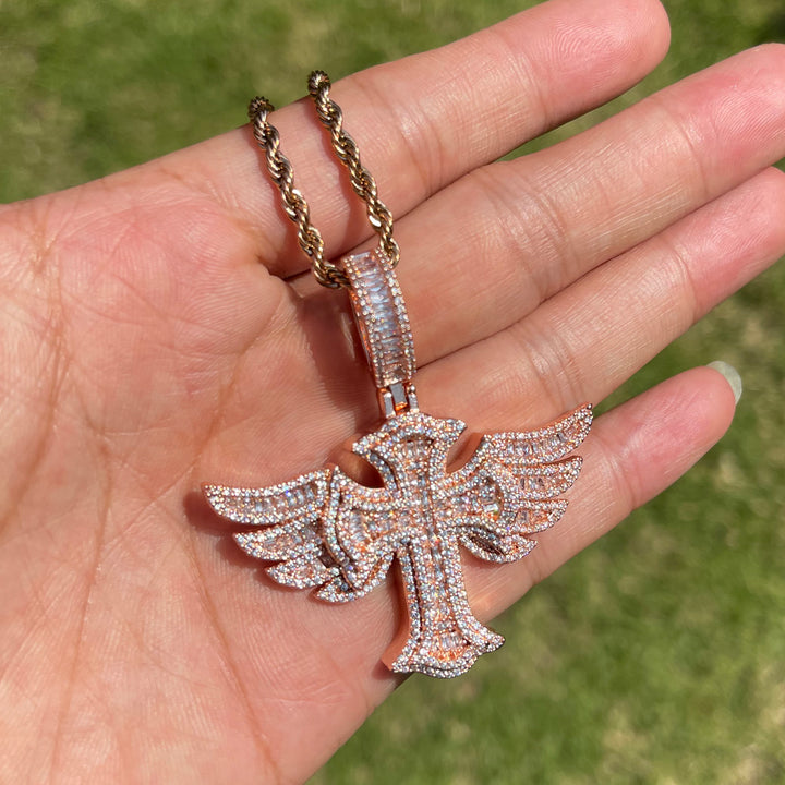 Cross Angel Wing Baguette Iced Out Diamond Pendant Necklace