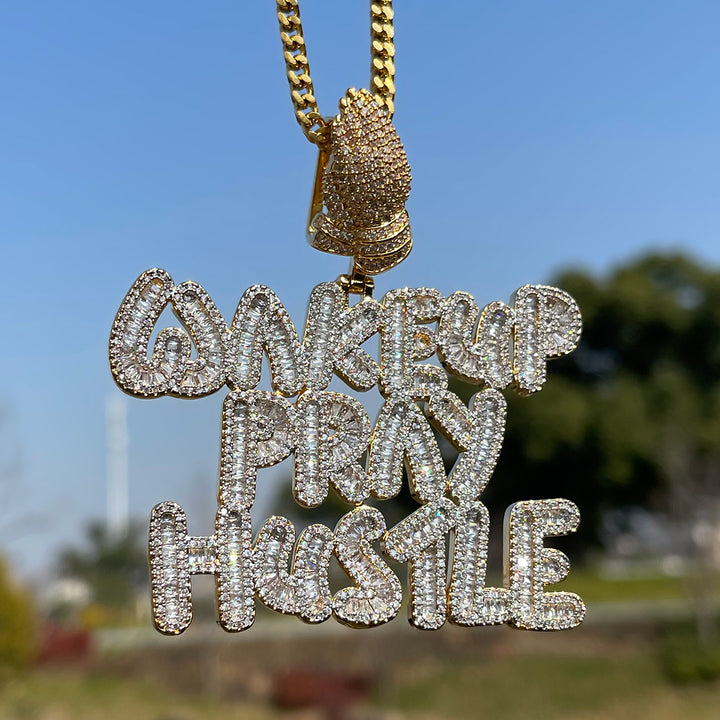 Wake Up Pray Hustle Iced Out Diamond Pendant Necklace