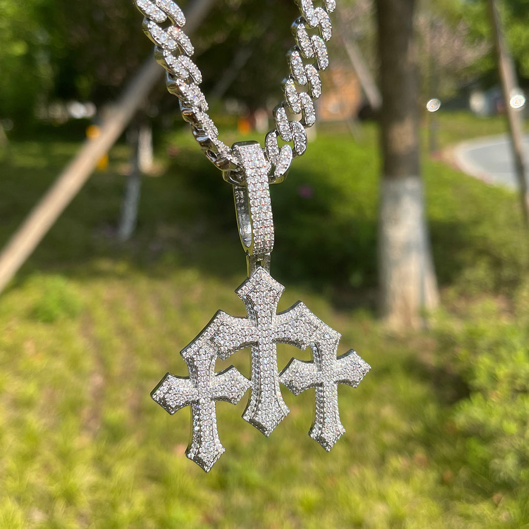 Triple Cross Iced Out Diamond Pendant Necklace