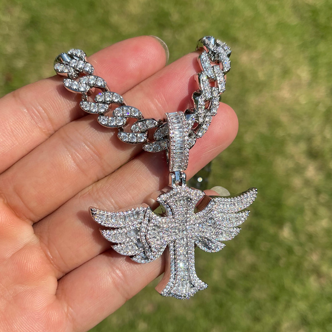 NEW | Cross Angle Wing Iced Out Diamond Pendant Necklace