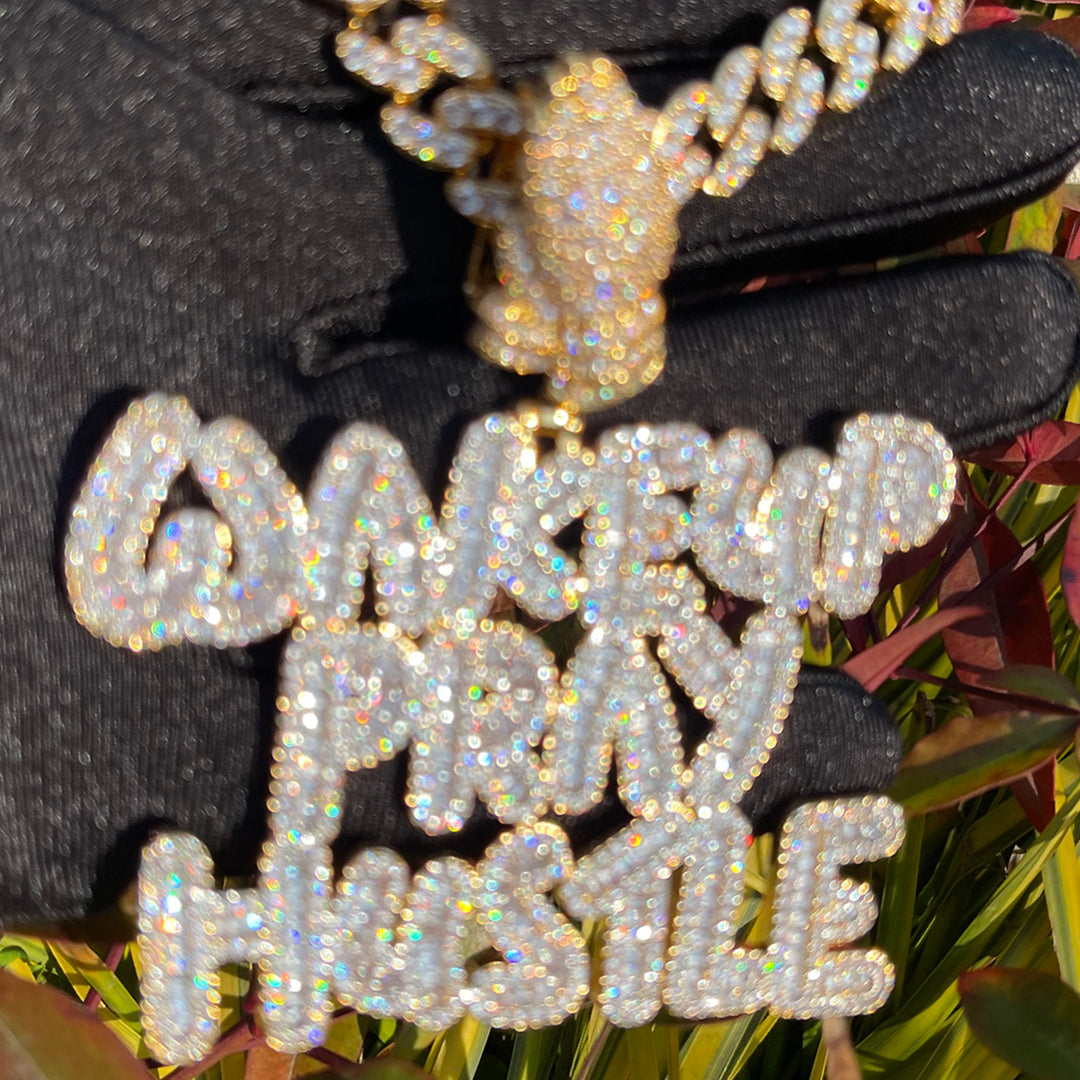 Wake Up Pray Hustle Iced Out Diamond Pendant Necklace