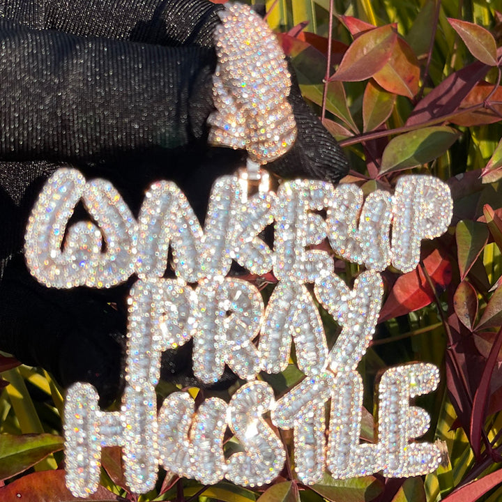 NEW | Wake Up Pray Hustle Iced Out Diamond Pendant Necklace