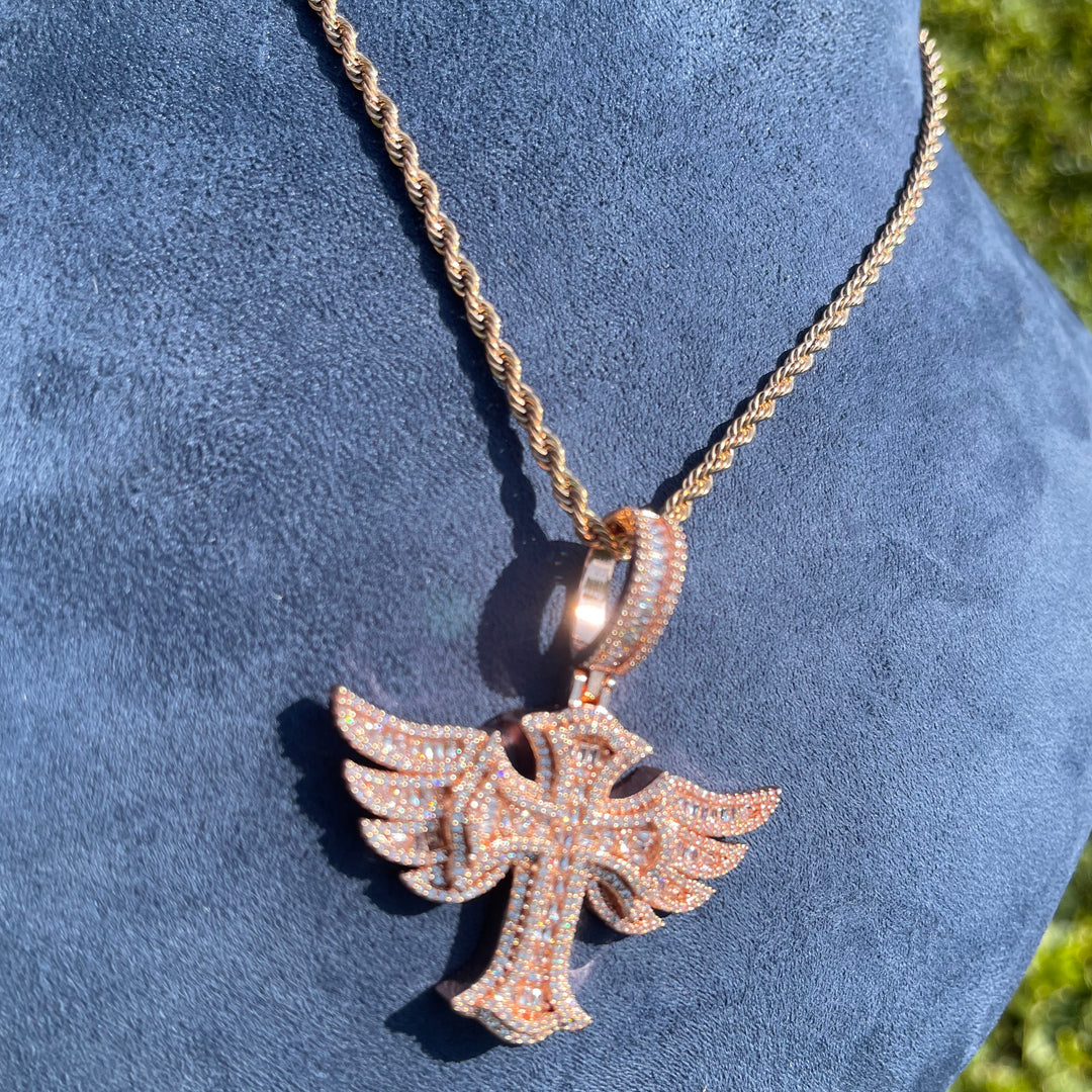 Cross Angel Wing Baguette Iced Out Diamond Pendant Necklace