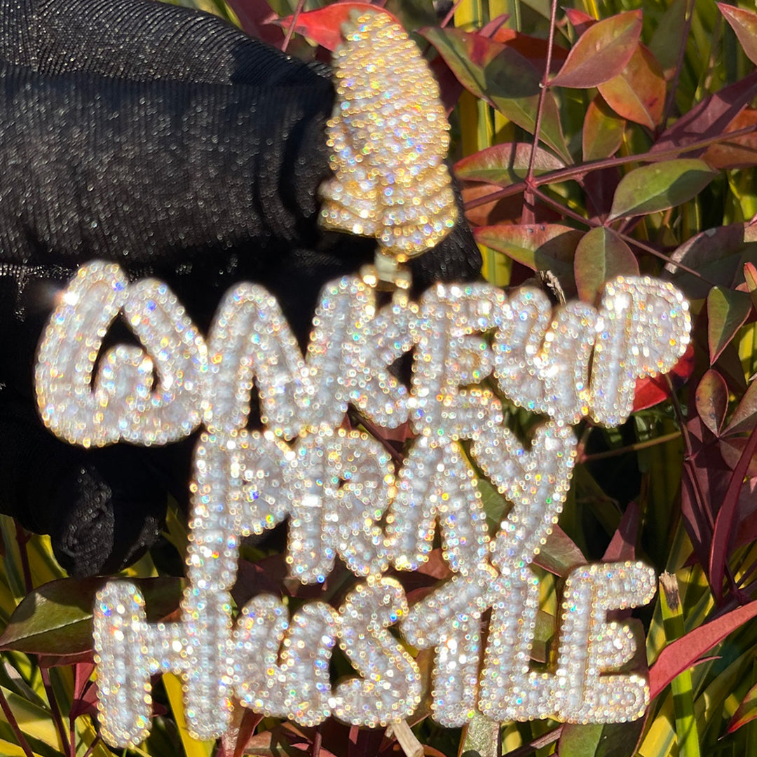 NEW | Wake Up Pray Hustle Iced Out Diamond Pendant Necklace