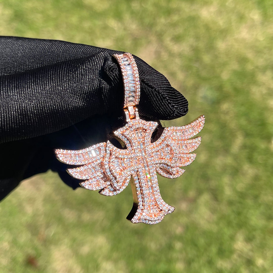 NEW | Cross Angle Wing Iced Out Diamond Pendant Necklace