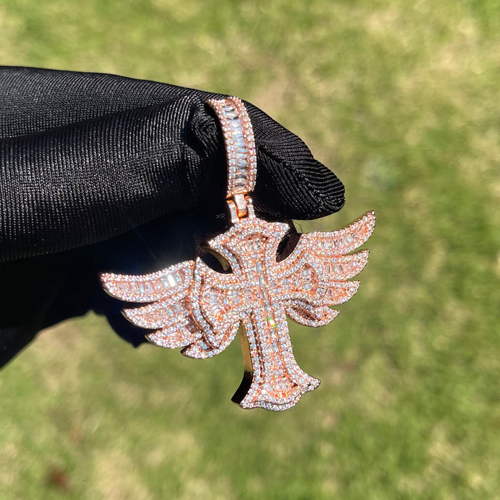 Cross Angel Wing Baguette Iced Out Diamond Pendant Necklace