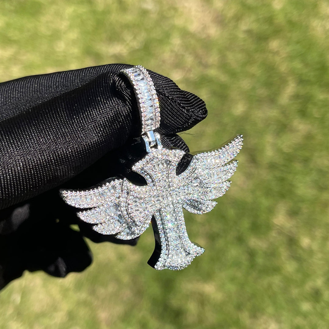 Cross Angel Wing Baguette Iced Out Diamond Pendant Necklace