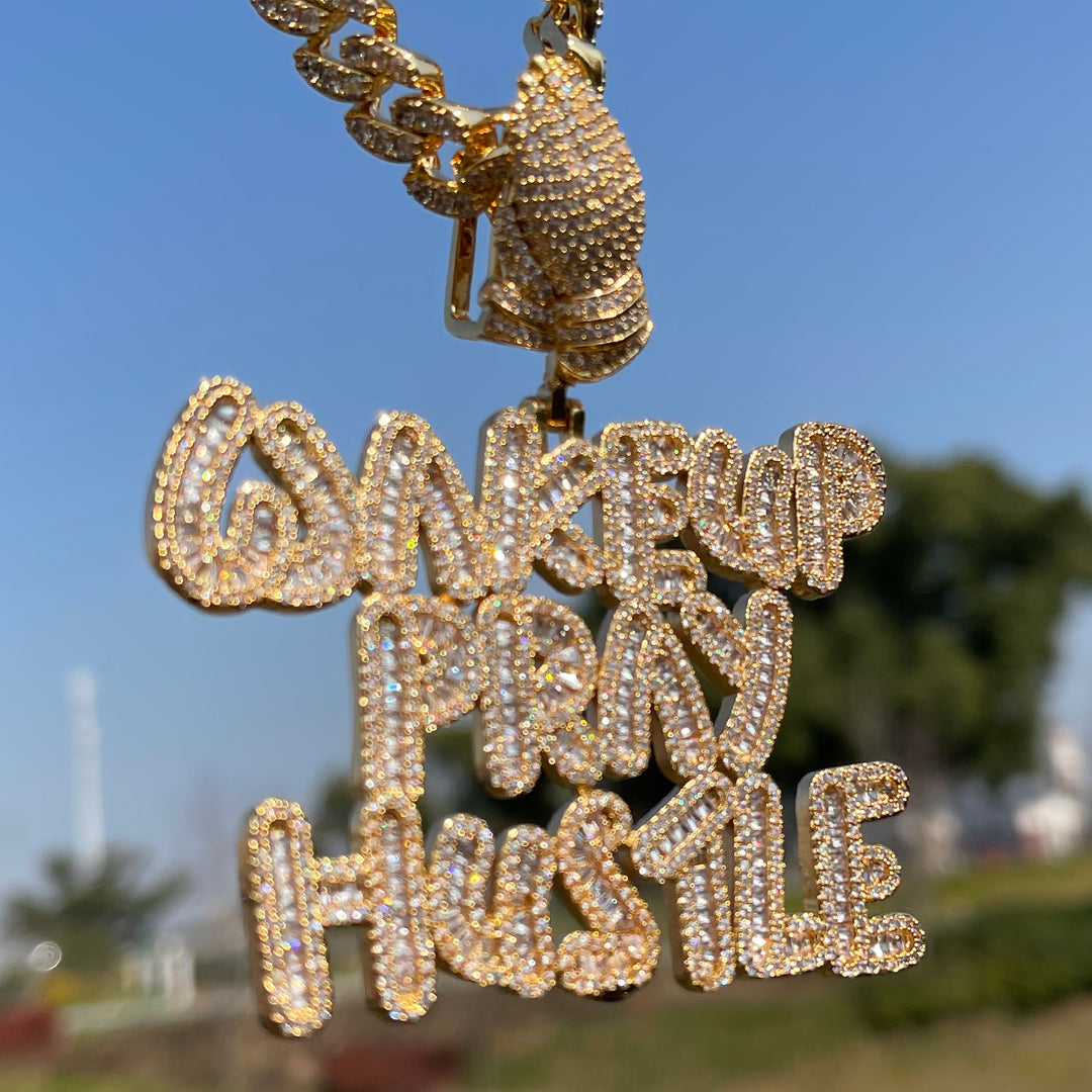 Wake Up Pray Hustle Iced Out Diamond Pendant Necklace