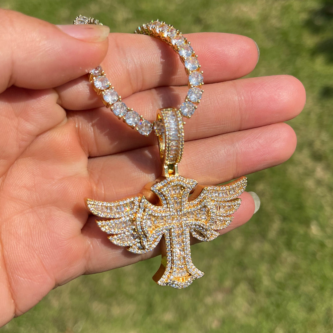 Cross Angel Wing Baguette Iced Out Diamond Pendant Necklace