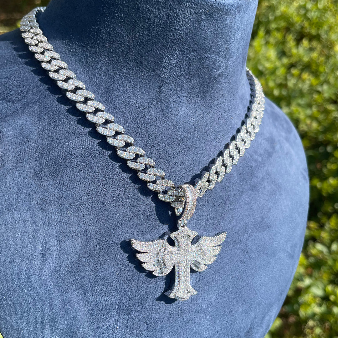 Cross Angel Wing Baguette Iced Out Diamond Pendant Necklace